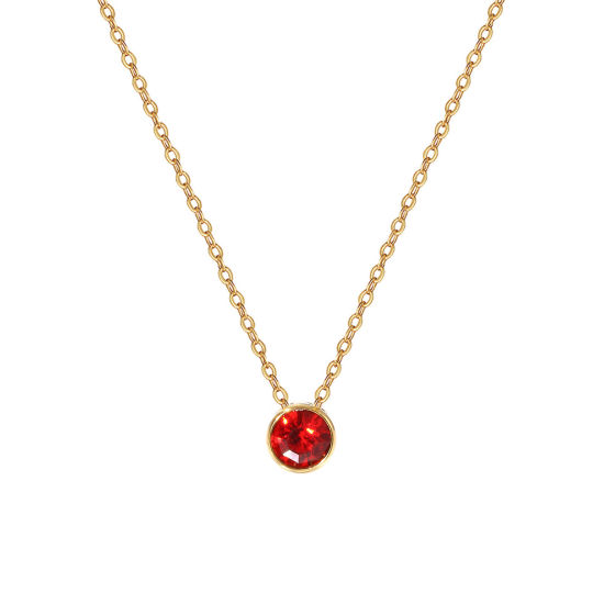 Bild von 1 Piece Eco-friendly PVD Vacuum Plating Exquisite Birthstone 18K Real Gold Plated Red 304 Stainless Steel & Rhinestone Link Cable Chain Round July Pendant Charm Necklace For Women Gift 45cm(17.7") + 5cm(2") long