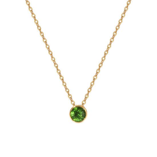 Bild von 1 Piece Eco-friendly PVD Vacuum Plating Exquisite Birthstone 18K Real Gold Plated Green 304 Stainless Steel & Rhinestone Link Cable Chain Round August Pendant Charm Necklace For Women Gift 45cm(17.7") + 5cm(2") long