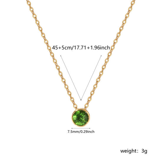 Bild von 1 Piece Eco-friendly PVD Vacuum Plating Exquisite Birthstone 18K Real Gold Plated Green 304 Stainless Steel & Rhinestone Link Cable Chain Round August Pendant Charm Necklace For Women Gift 45cm(17.7") + 5cm(2") long