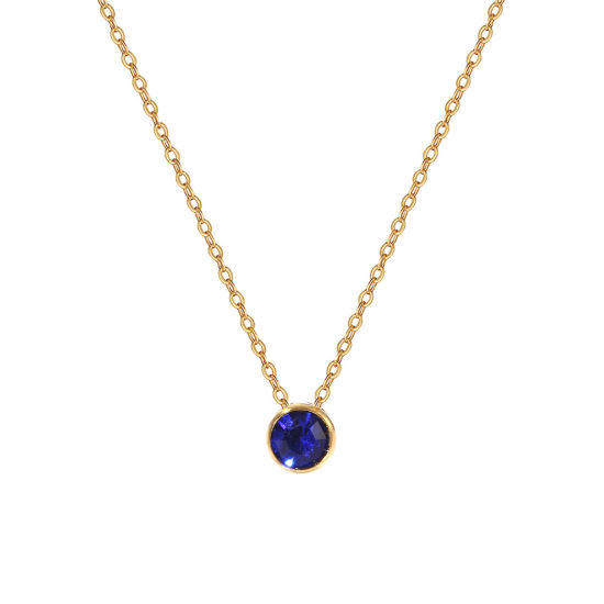 Bild von 1 Piece Eco-friendly PVD Vacuum Plating Exquisite Birthstone 18K Real Gold Plated Royal Blue 304 Stainless Steel & Rhinestone Link Cable Chain Round September Pendant Charm Necklace For Women Gift 45cm(17.7") + 5cm(2") long