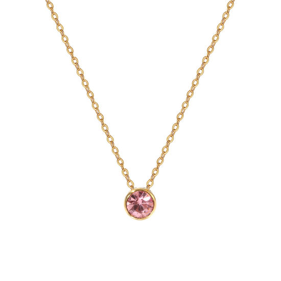 Bild von 1 Piece Eco-friendly PVD Vacuum Plating Exquisite Birthstone 18K Real Gold Plated Pink 304 Stainless Steel & Rhinestone Link Cable Chain Round October Pendant Charm Necklace For Women Gift 45cm(17.7") + 5cm(2") long