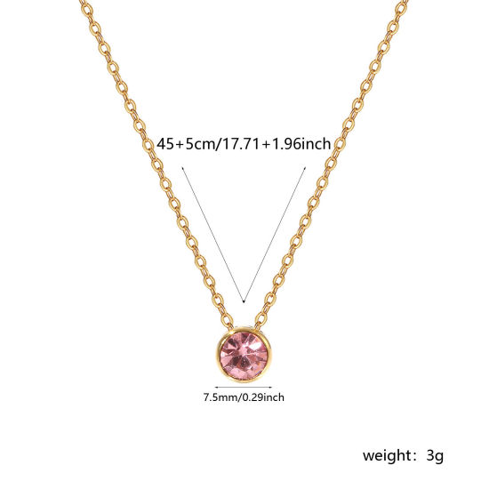 Bild von 1 Piece Eco-friendly PVD Vacuum Plating Exquisite Birthstone 18K Real Gold Plated Pink 304 Stainless Steel & Rhinestone Link Cable Chain Round October Pendant Charm Necklace For Women Gift 45cm(17.7") + 5cm(2") long