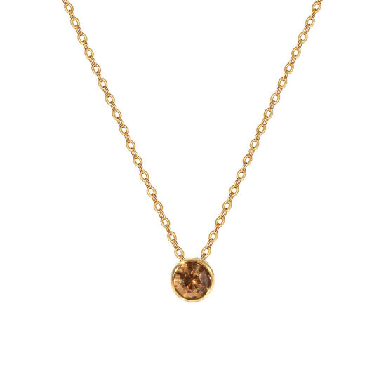 Bild von 1 Piece Eco-friendly PVD Vacuum Plating Exquisite Birthstone 18K Real Gold Plated Champagne 304 Stainless Steel & Rhinestone Link Cable Chain Round November Pendant Charm Necklace For Women Gift 45cm(17.7") + 5cm(2") long