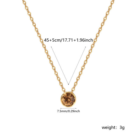 Bild von 1 Piece Eco-friendly PVD Vacuum Plating Exquisite Birthstone 18K Real Gold Plated Champagne 304 Stainless Steel & Rhinestone Link Cable Chain Round November Pendant Charm Necklace For Women Gift 45cm(17.7") + 5cm(2") long