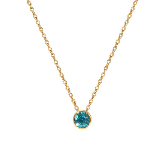 Bild von 1 Piece Eco-friendly PVD Vacuum Plating Exquisite Birthstone 18K Real Gold Plated Lake Blue 304 Stainless Steel & Rhinestone Link Cable Chain Round December Pendant Charm Necklace For Women Gift 45cm(17.7") + 5cm(2") long