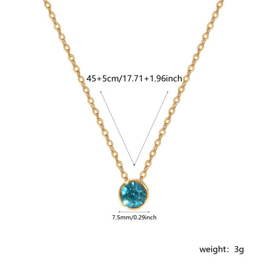 Bild von 1 Piece Eco-friendly PVD Vacuum Plating Exquisite Birthstone 18K Real Gold Plated Lake Blue 304 Stainless Steel & Rhinestone Link Cable Chain Round December Pendant Charm Necklace For Women Gift 45cm(17.7") + 5cm(2") long