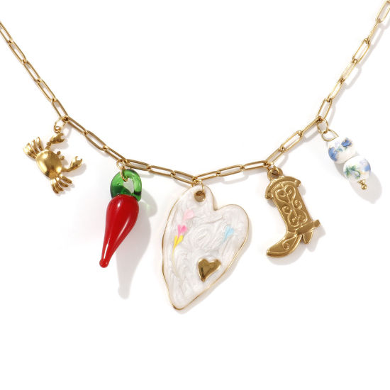 Immagine di 1 Pz Placcatura Sottovuoto Ecologica Squisito Carino 18K Vero Oro Placcato 304 Acciaio Inossidabile & Lampwork Vetro Catena a Graffetta Collana con Ciondolo Per Donne Regalo 42cm + 5cm Lunghezza