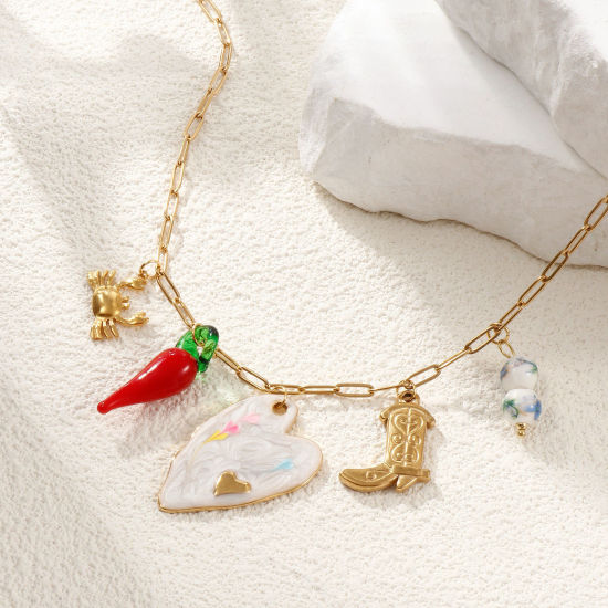 Immagine di 1 Pz Placcatura Sottovuoto Ecologica Squisito Carino 18K Vero Oro Placcato 304 Acciaio Inossidabile & Lampwork Vetro Catena a Graffetta Collana con Ciondolo Per Donne Regalo 42cm + 5cm Lunghezza