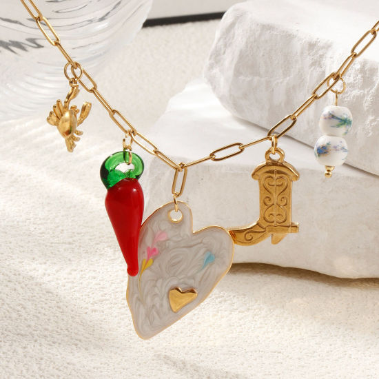 Immagine di 1 Pz Placcatura Sottovuoto Ecologica Squisito Carino 18K Vero Oro Placcato 304 Acciaio Inossidabile & Lampwork Vetro Catena a Graffetta Collana con Ciondolo Per Donne Regalo 42cm + 5cm Lunghezza