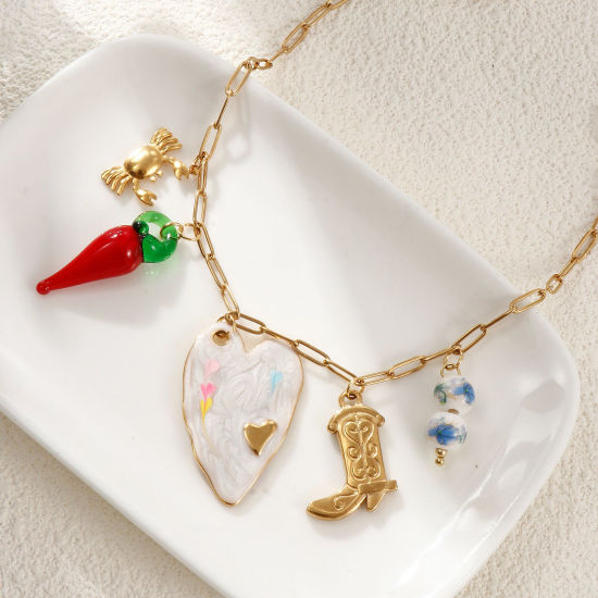Immagine di 1 Pz Placcatura Sottovuoto Ecologica Squisito Carino 18K Vero Oro Placcato 304 Acciaio Inossidabile & Lampwork Vetro Catena a Graffetta Collana con Ciondolo Per Donne Regalo 42cm + 5cm Lunghezza