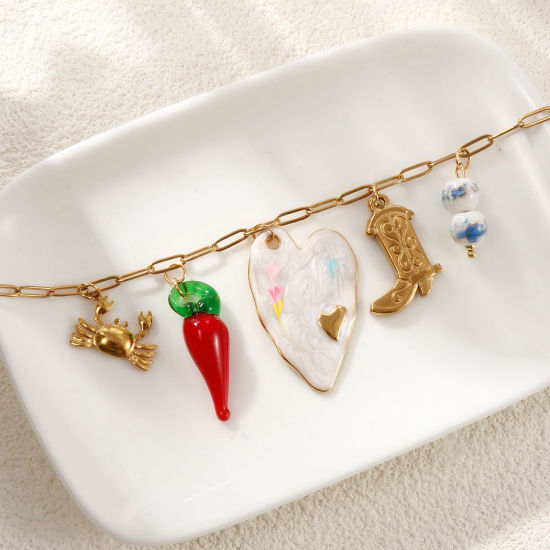 Immagine di 1 Pz Placcatura Sottovuoto Ecologica Squisito Carino 18K Vero Oro Placcato 304 Acciaio Inossidabile & Lampwork Vetro Catena a Graffetta Collana con Ciondolo Per Donne Regalo 42cm + 5cm Lunghezza