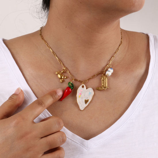 Immagine di 1 Pz Placcatura Sottovuoto Ecologica Squisito Carino 18K Vero Oro Placcato 304 Acciaio Inossidabile & Lampwork Vetro Catena a Graffetta Collana con Ciondolo Per Donne Regalo 42cm + 5cm Lunghezza