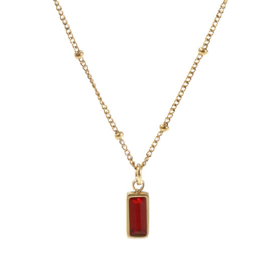 Image de 1 Piece Eco-friendly PVD Vacuum Plating Exquisite Birthstone 18K Real Gold Plated Wine Red 304 Stainless Steel & Cubic Zirconia Curb Link Chain Rectangle January Pendant Charm Necklace For Women Gift 45cm(17.7") + 5cm(2") long