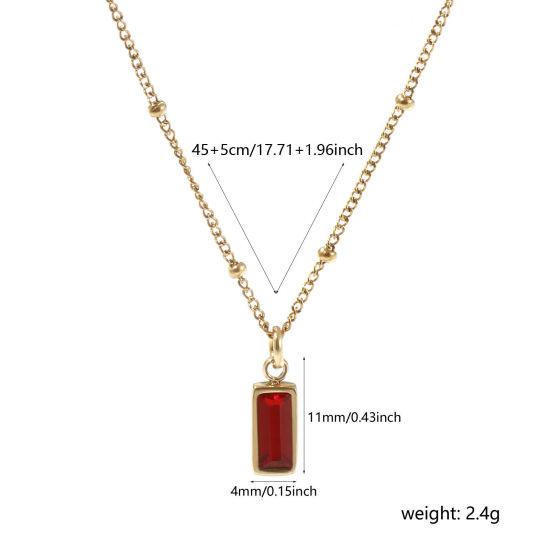Image de 1 Piece Eco-friendly PVD Vacuum Plating Exquisite Birthstone 18K Real Gold Plated Wine Red 304 Stainless Steel & Cubic Zirconia Curb Link Chain Rectangle January Pendant Charm Necklace For Women Gift 45cm(17.7") + 5cm(2") long