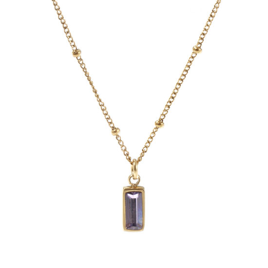 Image de 1 Piece Eco-friendly PVD Vacuum Plating Exquisite Birthstone 18K Real Gold Plated Purple 304 Stainless Steel & Cubic Zirconia Curb Link Chain Rectangle February Pendant Charm Necklace For Women Gift 45cm(17.7") + 5cm(2") long