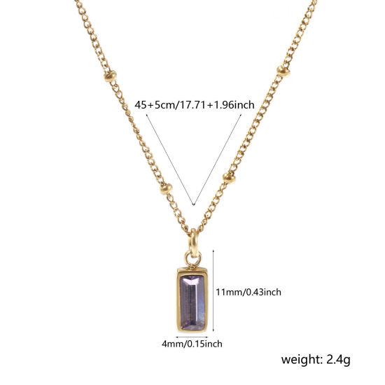 Image de 1 Piece Eco-friendly PVD Vacuum Plating Exquisite Birthstone 18K Real Gold Plated Purple 304 Stainless Steel & Cubic Zirconia Curb Link Chain Rectangle February Pendant Charm Necklace For Women Gift 45cm(17.7") + 5cm(2") long