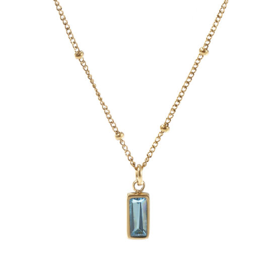 Image de 1 Piece Eco-friendly PVD Vacuum Plating Exquisite Birthstone 18K Real Gold Plated Aqua Blue 304 Stainless Steel & Cubic Zirconia Curb Link Chain Rectangle March Pendant Charm Necklace For Women Gift 45cm(17.7") + 5cm(2") long