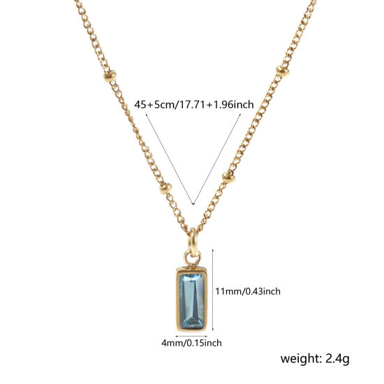 Image de 1 Piece Eco-friendly PVD Vacuum Plating Exquisite Birthstone 18K Real Gold Plated Aqua Blue 304 Stainless Steel & Cubic Zirconia Curb Link Chain Rectangle March Pendant Charm Necklace For Women Gift 45cm(17.7") + 5cm(2") long