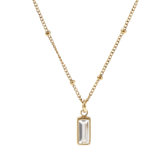 Image de 1 Piece Eco-friendly PVD Vacuum Plating Exquisite Birthstone 18K Real Gold Plated Transparent Clear 304 Stainless Steel & Cubic Zirconia Curb Link Chain Rectangle April Pendant Charm Necklace For Women Gift 45cm(17.7") + 5cm(2") long