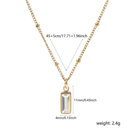 Image de 1 Piece Eco-friendly PVD Vacuum Plating Exquisite Birthstone 18K Real Gold Plated Transparent Clear 304 Stainless Steel & Cubic Zirconia Curb Link Chain Rectangle April Pendant Charm Necklace For Women Gift 45cm(17.7") + 5cm(2") long