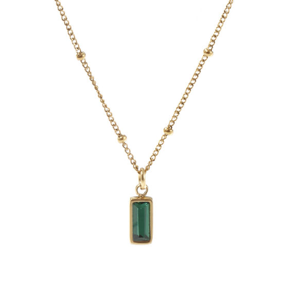 Image de 1 Piece Eco-friendly PVD Vacuum Plating Exquisite Birthstone 18K Real Gold Plated Emerald 304 Stainless Steel & Cubic Zirconia Curb Link Chain Rectangle May Pendant Charm Necklace For Women Gift 45cm(17.7") + 5cm(2") long