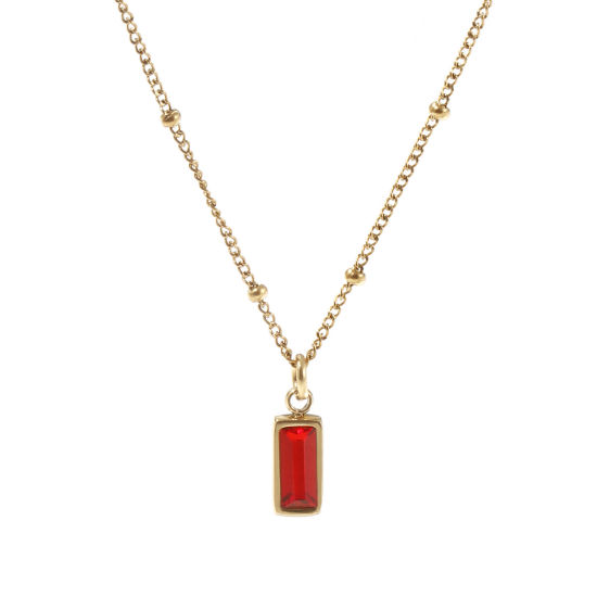 Image de 1 Piece Eco-friendly PVD Vacuum Plating Exquisite Birthstone 18K Real Gold Plated Red 304 Stainless Steel & Cubic Zirconia Curb Link Chain Rectangle July Pendant Charm Necklace For Women Gift 45cm(17.7") + 5cm(2") long