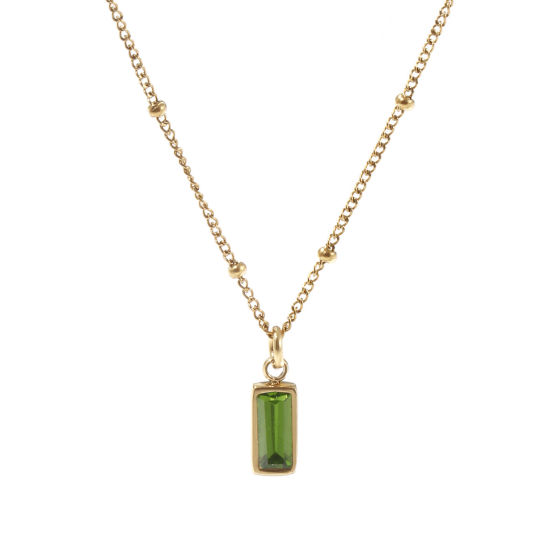 Image de 1 Piece Eco-friendly PVD Vacuum Plating Exquisite Birthstone 18K Real Gold Plated Olive Green 304 Stainless Steel & Cubic Zirconia Curb Link Chain Rectangle August Pendant Charm Necklace For Women Gift 45cm(17.7") + 5cm(2") long