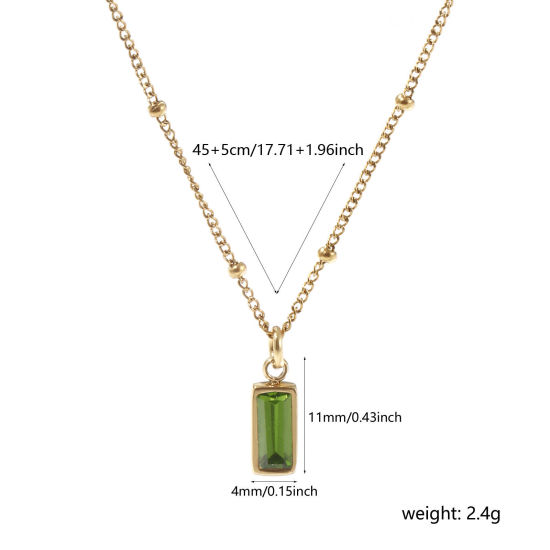 Image de 1 Piece Eco-friendly PVD Vacuum Plating Exquisite Birthstone 18K Real Gold Plated Olive Green 304 Stainless Steel & Cubic Zirconia Curb Link Chain Rectangle August Pendant Charm Necklace For Women Gift 45cm(17.7") + 5cm(2") long