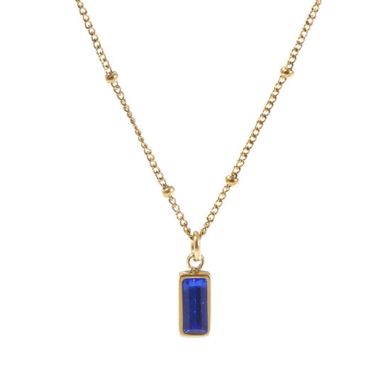 Image de 1 Piece Eco-friendly PVD Vacuum Plating Exquisite Birthstone 18K Real Gold Plated Royal Blue 304 Stainless Steel & Cubic Zirconia Curb Link Chain Rectangle September Pendant Charm Necklace For Women Gift 45cm(17.7") + 5cm(2") long