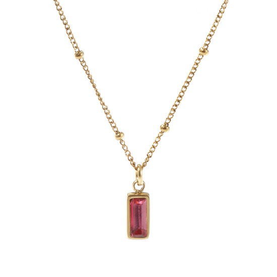 Image de 1 Piece Eco-friendly PVD Vacuum Plating Exquisite Birthstone 18K Real Gold Plated Fuchsia 304 Stainless Steel & Cubic Zirconia Curb Link Chain Rectangle October Pendant Charm Necklace For Women Gift 45cm(17.7") + 5cm(2") long