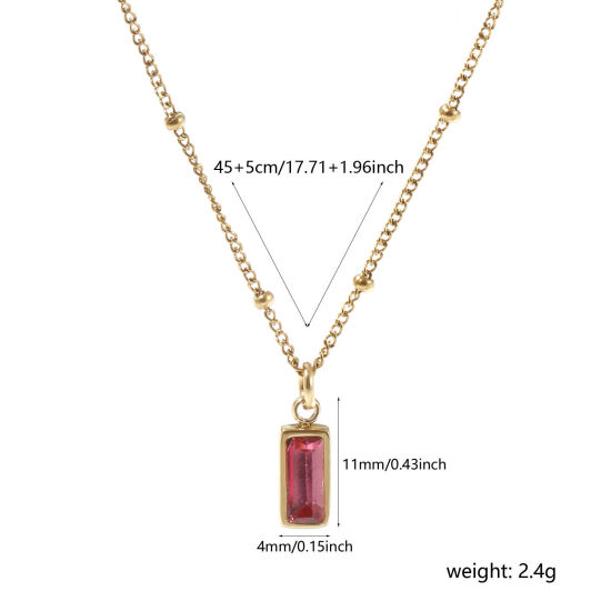 Image de 1 Piece Eco-friendly PVD Vacuum Plating Exquisite Birthstone 18K Real Gold Plated Fuchsia 304 Stainless Steel & Cubic Zirconia Curb Link Chain Rectangle October Pendant Charm Necklace For Women Gift 45cm(17.7") + 5cm(2") long