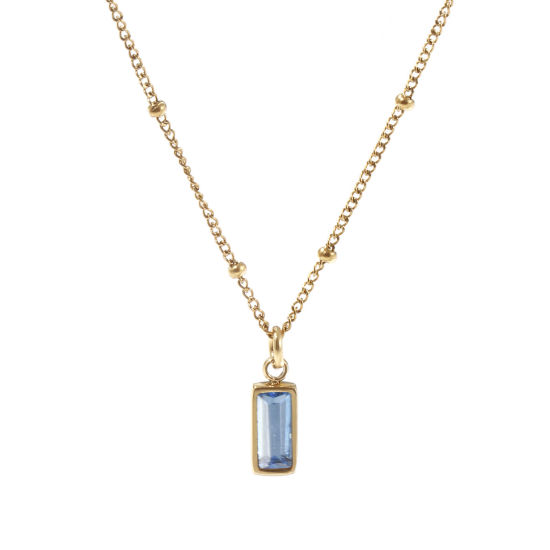 Image de 1 Piece Eco-friendly PVD Vacuum Plating Exquisite Birthstone 18K Real Gold Plated Light Blue 304 Stainless Steel & Cubic Zirconia Curb Link Chain Rectangle December Pendant Charm Necklace For Women Gift 45cm(17.7") + 5cm(2") long