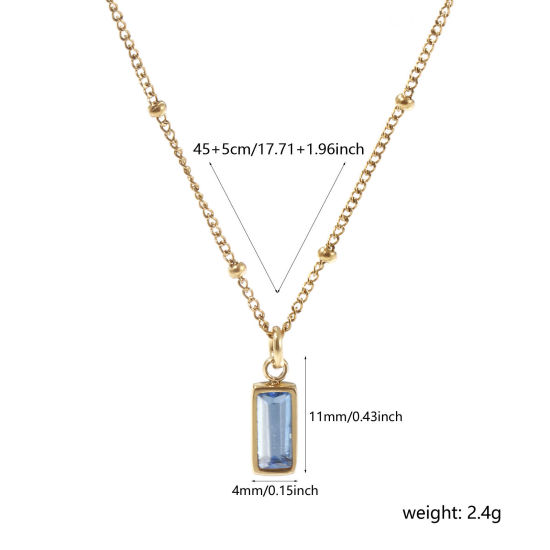 Image de 1 Piece Eco-friendly PVD Vacuum Plating Exquisite Birthstone 18K Real Gold Plated Light Blue 304 Stainless Steel & Cubic Zirconia Curb Link Chain Rectangle December Pendant Charm Necklace For Women Gift 45cm(17.7") + 5cm(2") long