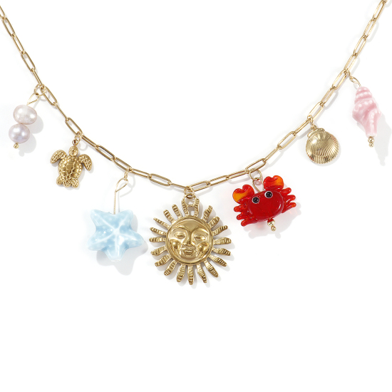 Bild von 1 Strang Umweltfreundliche Vakuumbeschichtung Süß Stilvoll 18K Echtgold plattiert Bunt 304 Edelstahl & Naturperle Kreuz Gliederketten Sonne Meerestier Anhänger Halskette Für Frauen Geschenk 42cm + 5cm lang