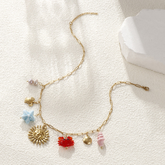 Bild von 1 Strang Umweltfreundliche Vakuumbeschichtung Süß Stilvoll 18K Echtgold plattiert Bunt 304 Edelstahl & Naturperle Kreuz Gliederketten Sonne Meerestier Anhänger Halskette Für Frauen Geschenk 42cm + 5cm lang