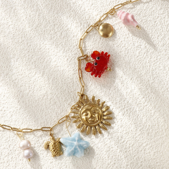 Bild von 1 Strang Umweltfreundliche Vakuumbeschichtung Süß Stilvoll 18K Echtgold plattiert Bunt 304 Edelstahl & Naturperle Kreuz Gliederketten Sonne Meerestier Anhänger Halskette Für Frauen Geschenk 42cm + 5cm lang