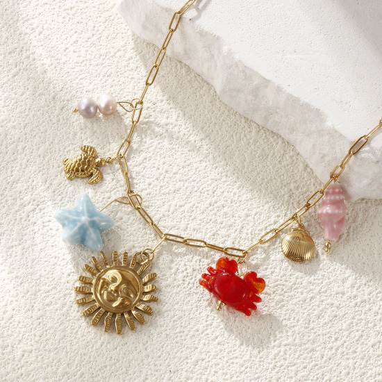 Bild von 1 Strang Umweltfreundliche Vakuumbeschichtung Süß Stilvoll 18K Echtgold plattiert Bunt 304 Edelstahl & Naturperle Kreuz Gliederketten Sonne Meerestier Anhänger Halskette Für Frauen Geschenk 42cm + 5cm lang