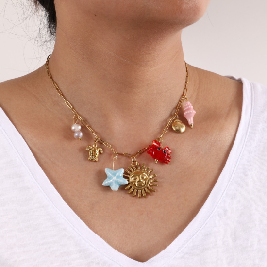 Bild von 1 Strang Umweltfreundliche Vakuumbeschichtung Süß Stilvoll 18K Echtgold plattiert Bunt 304 Edelstahl & Naturperle Kreuz Gliederketten Sonne Meerestier Anhänger Halskette Für Frauen Geschenk 42cm + 5cm lang