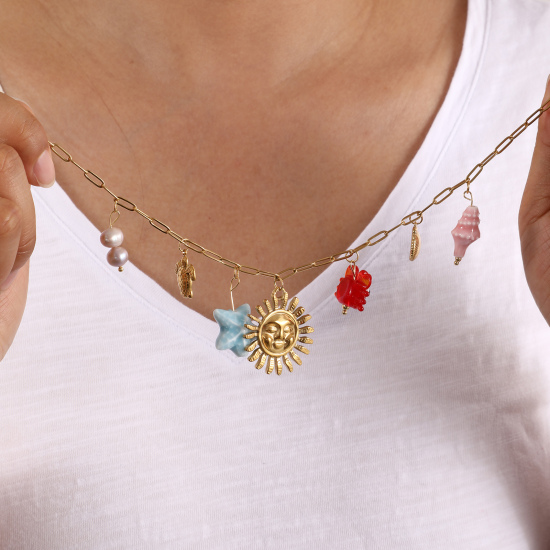 Bild von 1 Strang Umweltfreundliche Vakuumbeschichtung Süß Stilvoll 18K Echtgold plattiert Bunt 304 Edelstahl & Naturperle Kreuz Gliederketten Sonne Meerestier Anhänger Halskette Für Frauen Geschenk 42cm + 5cm lang