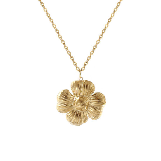 Image de 1 Pièce Collier à Pendentif Chaîne Maille Forçat Style Pastoral en 304 Acier Inoxydable Revêtement sous Vide PVD Respectueux de l'Environnement À la Mode Plaqué Or Véritable 18K Fleur Pour Femmes Cadeau 45cm + 5cm long