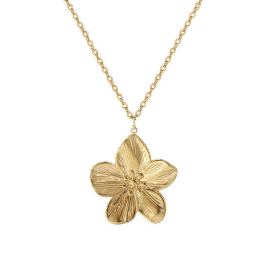 Image de 1 Pièce Collier à Pendentif Chaîne Maille Forçat Style Pastoral en 304 Acier Inoxydable Revêtement sous Vide PVD Respectueux de l'Environnement À la Mode Plaqué Or Véritable 18K Fleur de Pêche Pour Femmes Cadeau 45cm + 5cm long