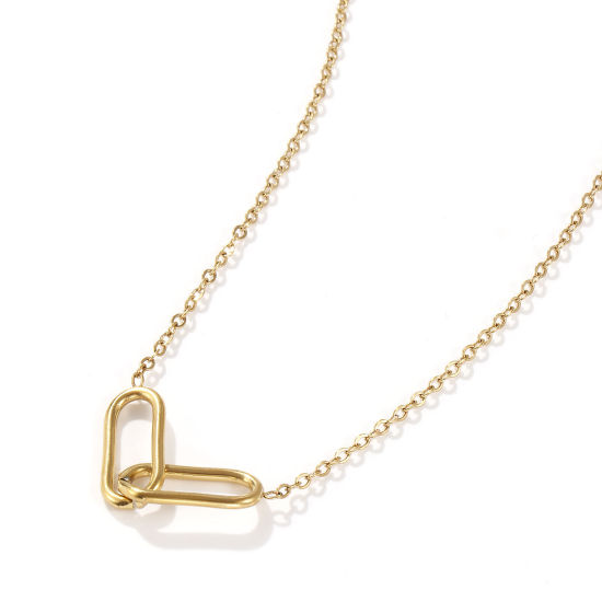 Picture of 1 Piece Eco-friendly PVD Vacuum Plating Stylish Simple 18K Real Gold Plated 304 Stainless Steel Link Cable Chain Oval Hollow Pendant Charm Necklace Unisex Gift 42cm(16.5") + 8cm(3.1") long