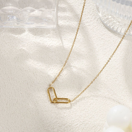 Picture of 1 Piece Eco-friendly PVD Vacuum Plating Stylish Simple 18K Real Gold Plated 304 Stainless Steel Link Cable Chain Oval Hollow Pendant Charm Necklace Unisex Gift 42cm(16.5") + 8cm(3.1") long