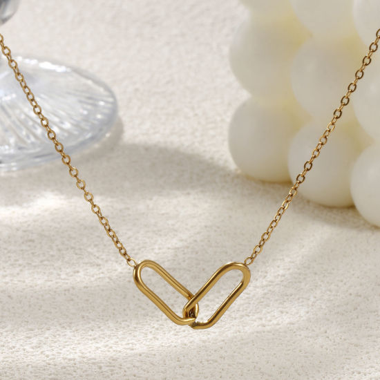Picture of 1 Piece Eco-friendly PVD Vacuum Plating Stylish Simple 18K Real Gold Plated 304 Stainless Steel Link Cable Chain Oval Hollow Pendant Charm Necklace Unisex Gift 42cm(16.5") + 8cm(3.1") long