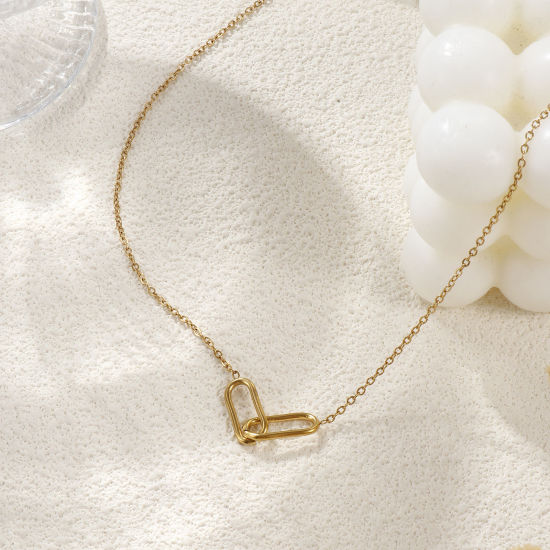 Picture of 1 Piece Eco-friendly PVD Vacuum Plating Stylish Simple 18K Real Gold Plated 304 Stainless Steel Link Cable Chain Oval Hollow Pendant Charm Necklace Unisex Gift 42cm(16.5") + 8cm(3.1") long