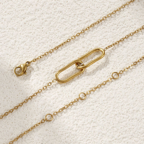 Picture of 1 Piece Eco-friendly PVD Vacuum Plating Stylish Simple 18K Real Gold Plated 304 Stainless Steel Link Cable Chain Oval Hollow Pendant Charm Necklace Unisex Gift 42cm(16.5") + 8cm(3.1") long