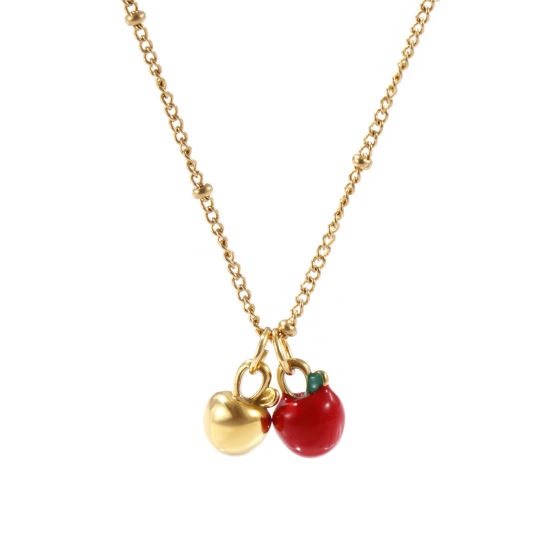 Picture of 1 Piece Eco-friendly PVD Vacuum Plating Natural Pastoral Cute 18K Real Gold Plated Red 304 Stainless Steel Curb Link Chain Apple Fruit Enamel Pendant Charm Necklace For Women Gift 45cm(17.7") + 5cm(2") long