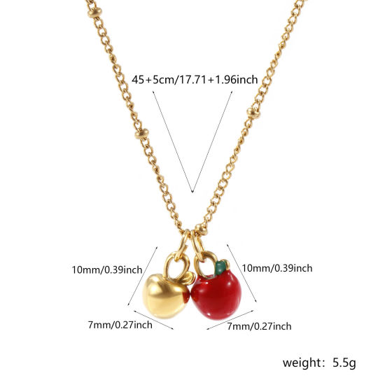 Picture of 1 Piece Eco-friendly PVD Vacuum Plating Natural Pastoral Cute 18K Real Gold Plated Red 304 Stainless Steel Curb Link Chain Apple Fruit Enamel Pendant Charm Necklace For Women Gift 45cm(17.7") + 5cm(2") long