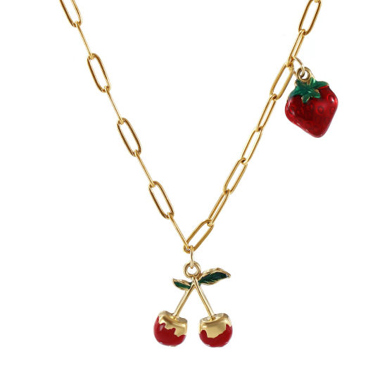 Picture of 1 Piece Eco-friendly PVD Vacuum Plating Natural Pastoral Cute 18K Real Gold Plated Red 304 Stainless Steel Paperclip Link Chain Cherry Fruit Strawberry Fruit Enamel Pendant Charm Necklace For Women Gift 42cm(16.5") + 5cm(2") long
