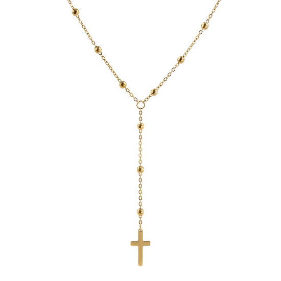 Bild von 1 Strang Umweltfreundliche PVD-Vakuumbeschichtung Exquisit Religiös 18K Echtgold plattiert 304 Edelstahl Kreuz Gliederketten Kreuz Gebetsperlen Rosenkranz Halskette Unisex Geschenk 40cm + 5cm lang